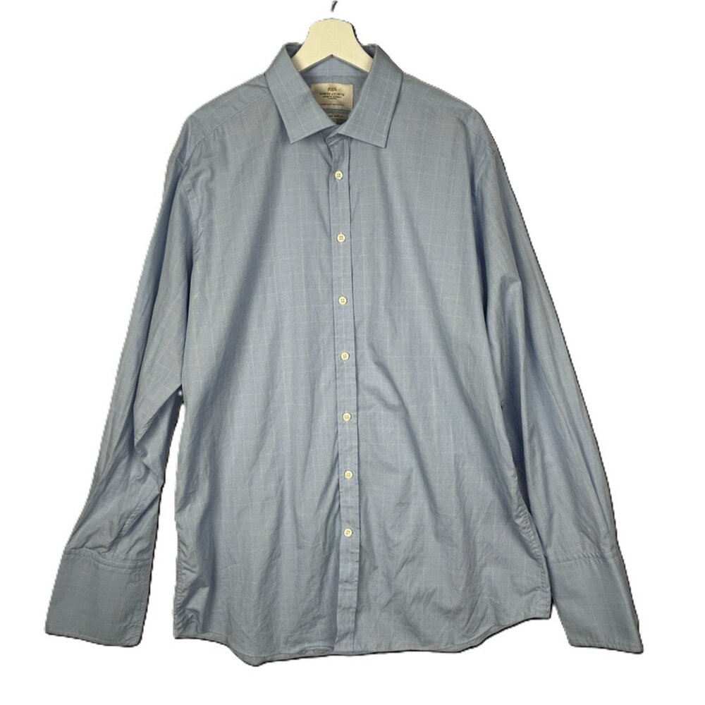 Hawes & Curtis Dress‎ Shirt Mens 17 St. James Slim Fit Blue Plaid Luxury Cotton